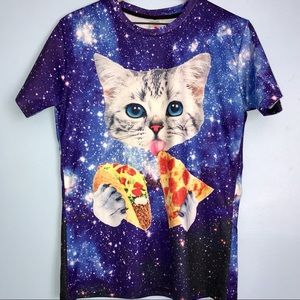 Space Cat Eating Taco and Pizza Graphic T- Shirt